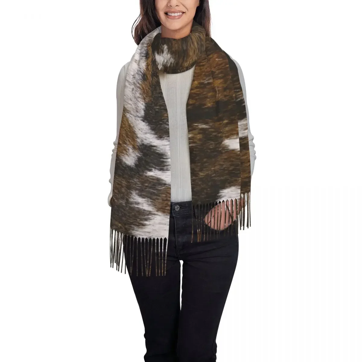 Cowhide Tan Animal Print Tassel Scarf Women Soft  Hide Fur Texture Shawls Wraps Ladies Winter Scarves