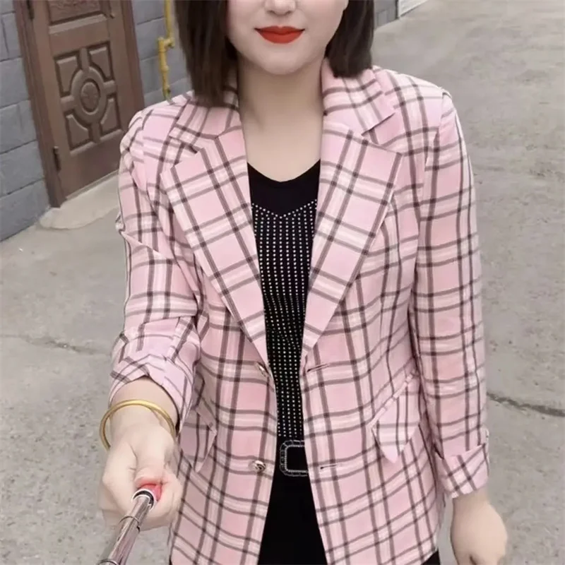 Chaqueta de Traje a Cuadros Rosa y Gris 2026, Nueva Chaqueta de Traje para Mujer, Blazer Ligero y Versátil de Alta Gama para Verano y Otoño