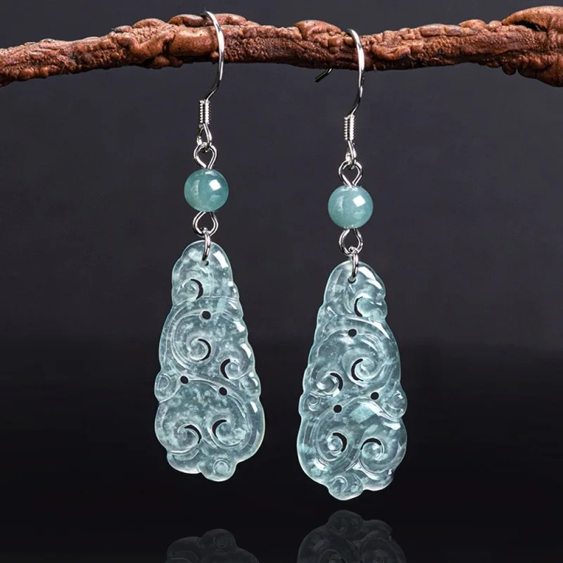 

Real Solid 925 Silver Natural Grade A Jade Jadeite Women Lucky Ruyi Cloud Dangle Earrings