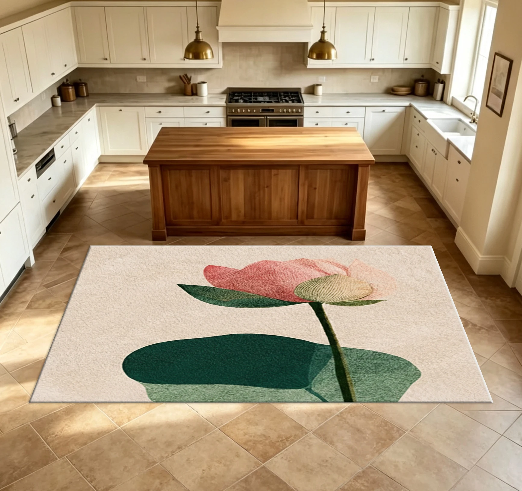 Vintage Pink Lotus Carpet, Simple Floral Pattern Non-Slip Floor Mat, Suitable for Bedroom and Living Room Aesthetic Home Decor