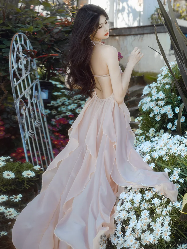 

Elegant Vacation Long Skirt Dress Women's High Waist Asymmetrical Chiffon Bridesmaid Dress with Bubble Sleeves And Zipper