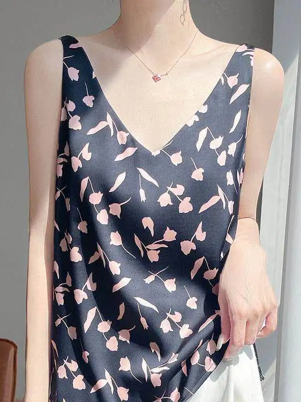 Silk V-Neck Printed Tank Top Women's Base Layer Outerwear Acetate Satin Wrap around Design Summer Commute Style Floral Print
