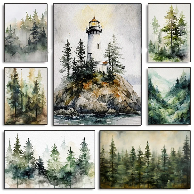 Watercolor Evergreen Pine Tree Lighthouse Foggy Forest Mountain Landscape Poster Canvas Painting Wall Art Pictures Home Decor