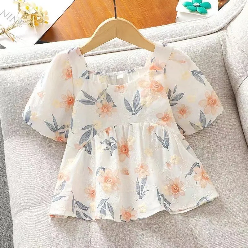 2024 summer girls cotton mesh Floral chiffon t shirt tops blouse + demin short jeans hot pant teenager children set 5 12 year