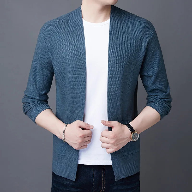 2023 Spring and Autumn Men\'s Knitted Cardigan Solid Color Buckle Free Long Sleeve Pocket Screw Thread Sweater Coat Fashion  Tops