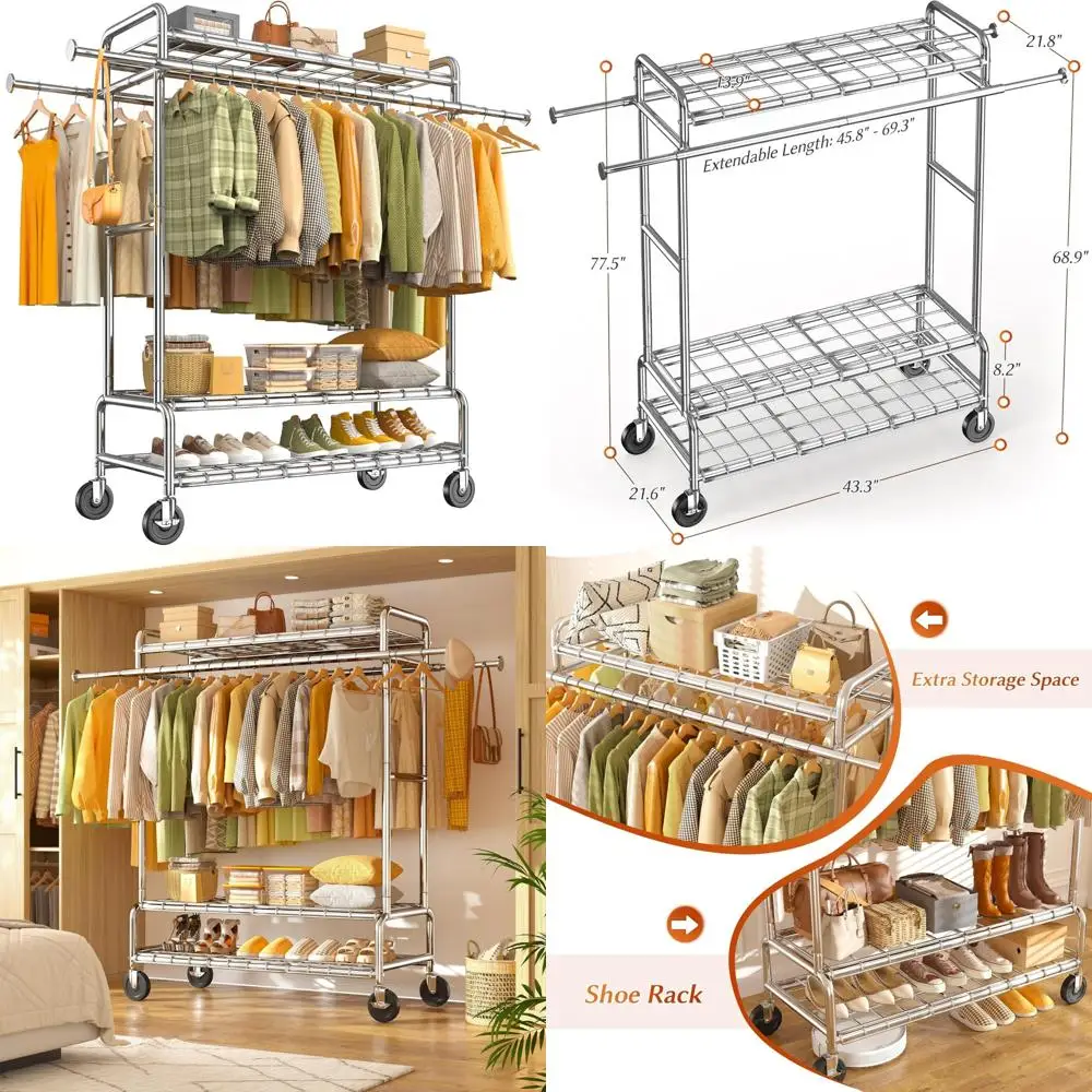

Double Rod Heavy Duty Garment Rack - 630 lbs Capacity, Holds Over 200 Items, Extendable with 3-Tier Shelves for Hanging and Stor