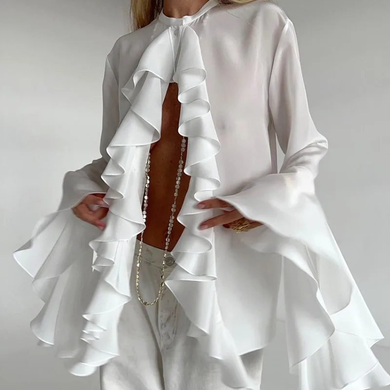 

Spring Elegant Ladies Chiffon Shirt Top Leisure Fashion O-Neck Trumpet Sleeve Ruffled One Buckle Loose Casual Solid Color Top