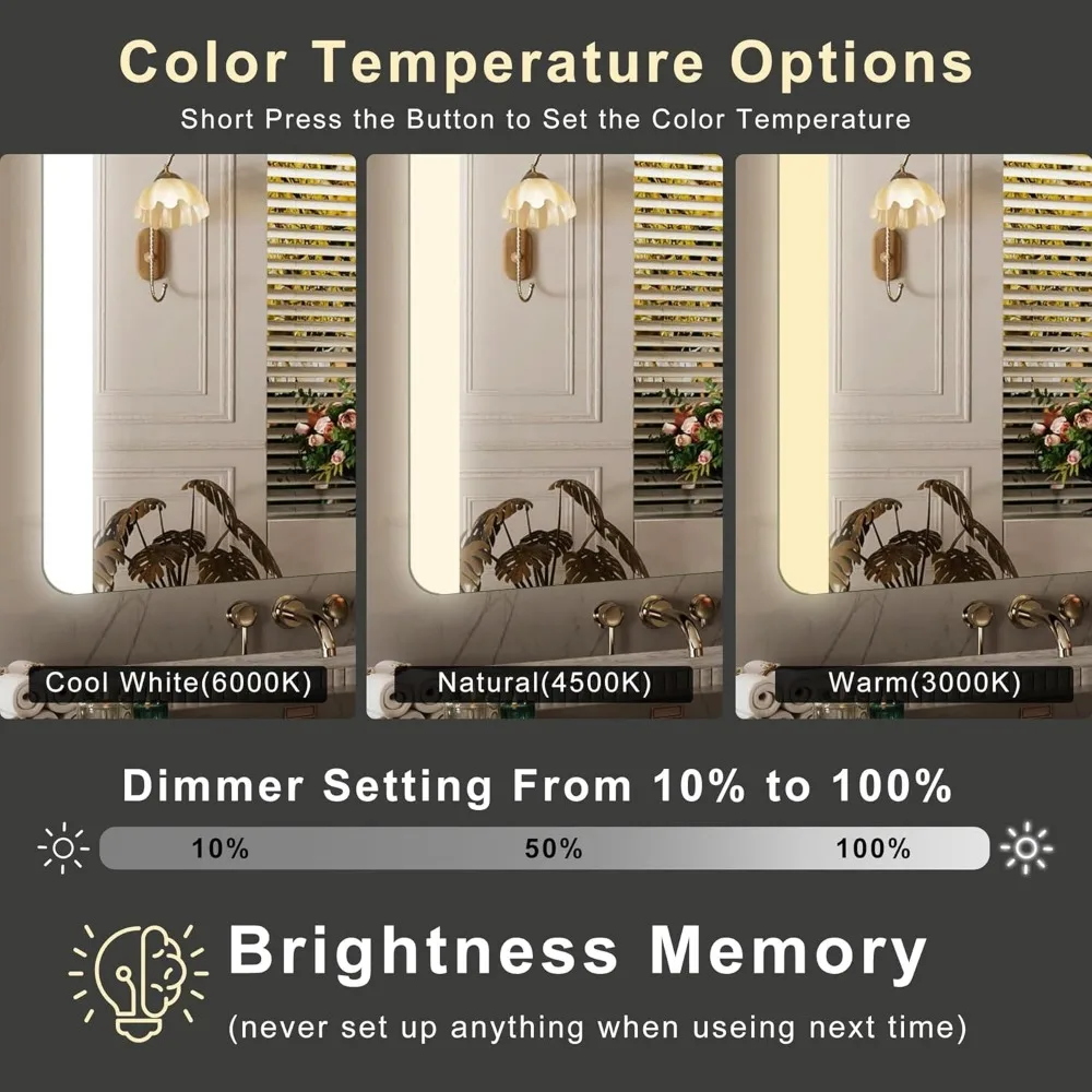 Espelho de vaidade retroiluminado LED retangular sem moldura para banheiro com cantos arredondados, resistente a estilhaços, regulável