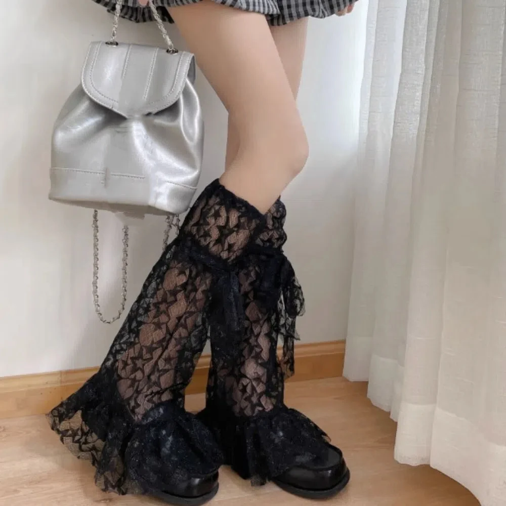 

Fashion Lace-up Bow JK Calf Long Socks Mesh Lolita Y2k Loose Stockings Sweet Transparent Stars Knee High Socks Women