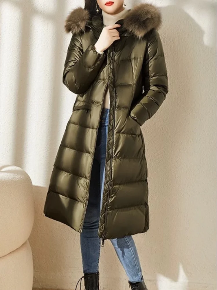 Puffer Coats with Big Fur Collar for Women, Luxury Long Hooded Jacket with Belt, Thickened Windproof Coats, New, 2024