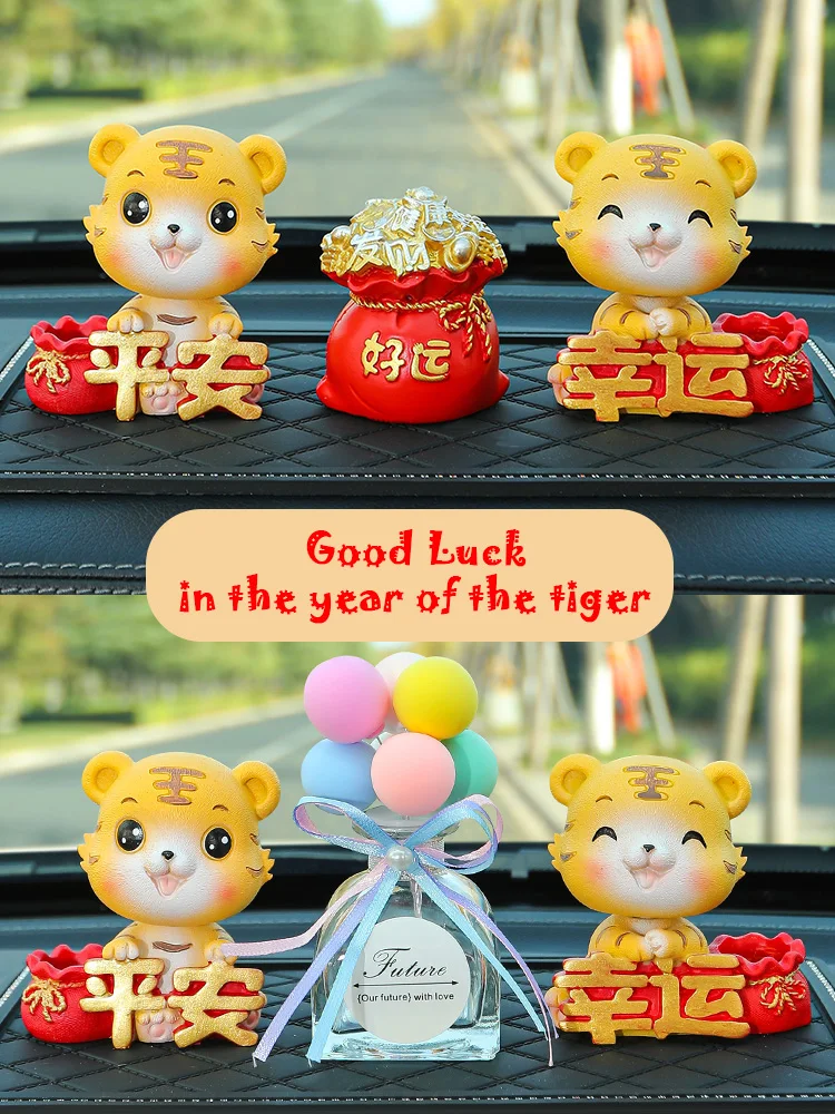 2022 Happy New Year Kawaii Lucky Lovely Shaking Head Cute Tiger Zodiac Car Center Console Decorations Interior Car Acessories