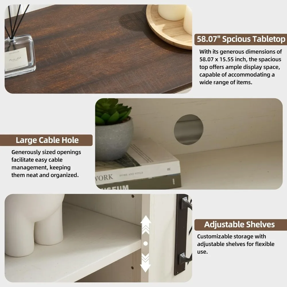 مركز ترفيه لباب الحظيرة الريفي لأجهزة تلفزيون 65+ بوصة، ارتفاع 25 بوصة مع مساحة تخزين قابلة للتعديل