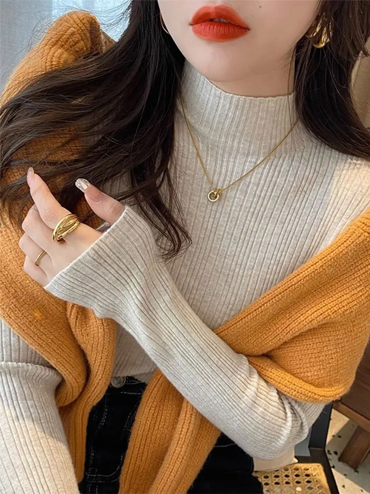 Elegant Solid Basic Knitted Women Tops Turtlneck Sweater Long Sleeve Casual Slim Pullover Korean Fashion Simple Chic Clothes