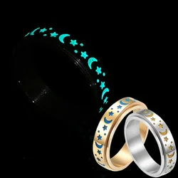 Glow in The Dark Moon Star Luminous Ring for Men Women Stainless Steel Rotatable Spinner Antistress Roamtic Ring for Lover Girls