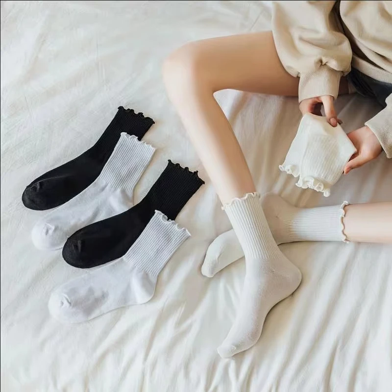 5 Pairs/Lot Cute Socks For Women New Japanese Style Breathable Girls Short Socks Kawaii Solid Socks Frilly Ruffle Socks Casual