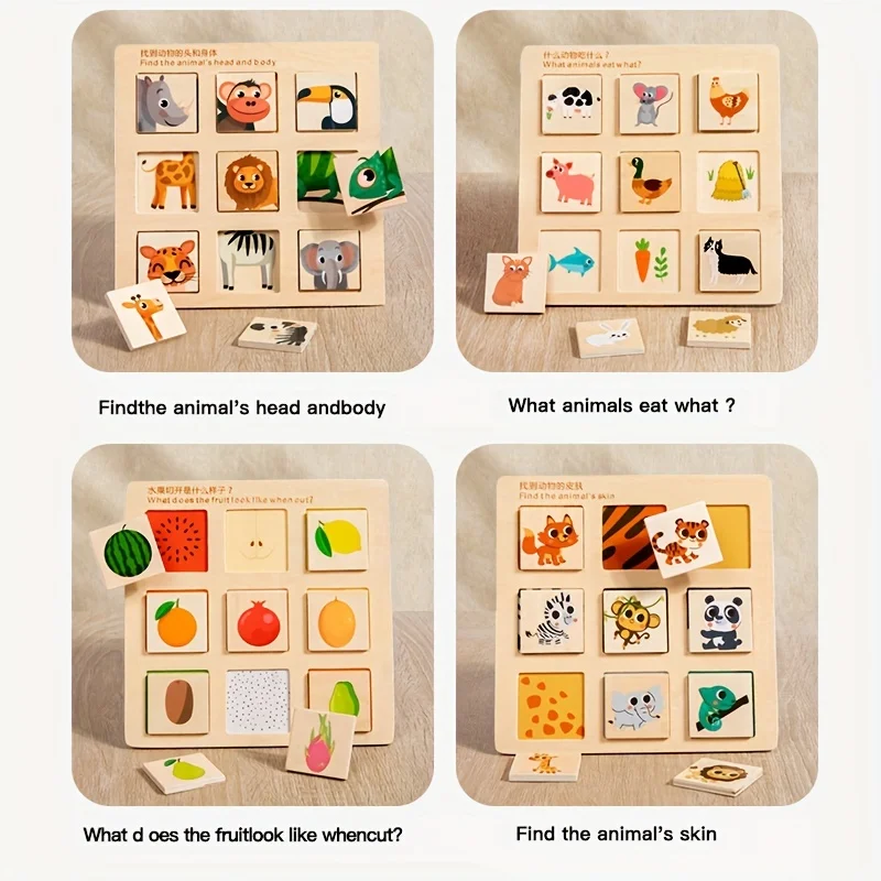 Wooden Logical Thinking Matching Puzzle Cognitive Board Montessori Teaching Aid Fruit Animal Pairing Board Educational toys