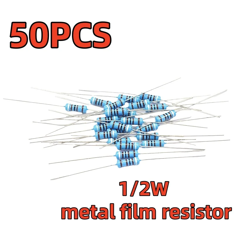 Resistor do filme do metal, 1% 0.1R-10M, 1,1 1,3 1,8 2 2,2 18 20 22 180 200 220 Ohm 0.5W 1K8 2K2 1R8 2R 2R2, 50 PCes