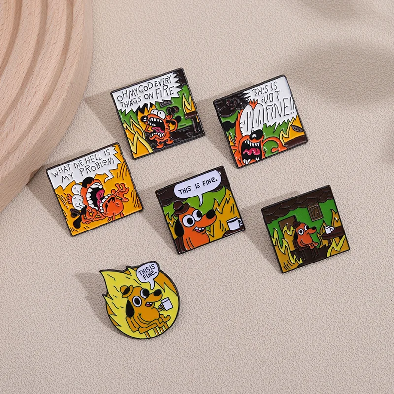 6PCS/lot cartoon yellow dog drinking coffee flame brooch anime pin