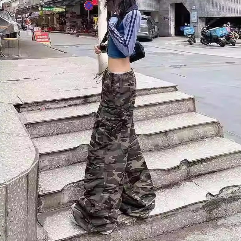 กางเกงคาร์โก้ลายพรางผู้หญิงทรงหลวมสไตล์ฮิปฮอปเอวสูงกางเกงสปอร์ตแฟชั่นลำลองสำหรับตั้งแคมป์และสตรีทแวร์