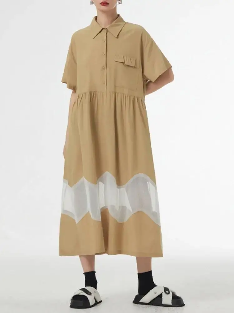 المرأة الأزرق منظور كبير الحجم قميص فستان جديد طية صدر السترة قصيرة الأكمام فضفاضة تناسب الموضة المد الربيع الصيف #1