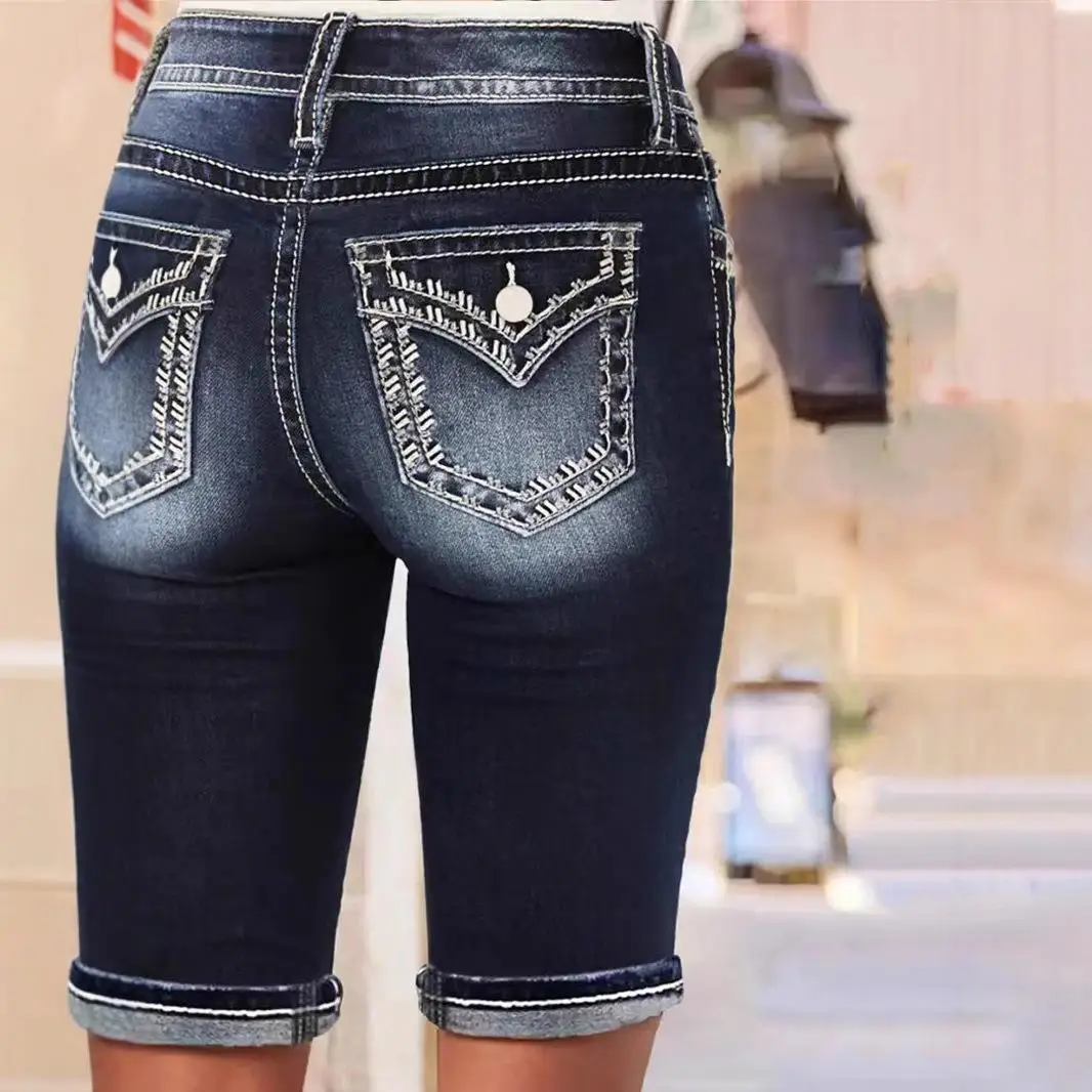 Cross-Border TEMU2025 New Women's Jeans Slimming Simple Casual Machine Embroidery mid Stretch Natural Waist Other Fabrics