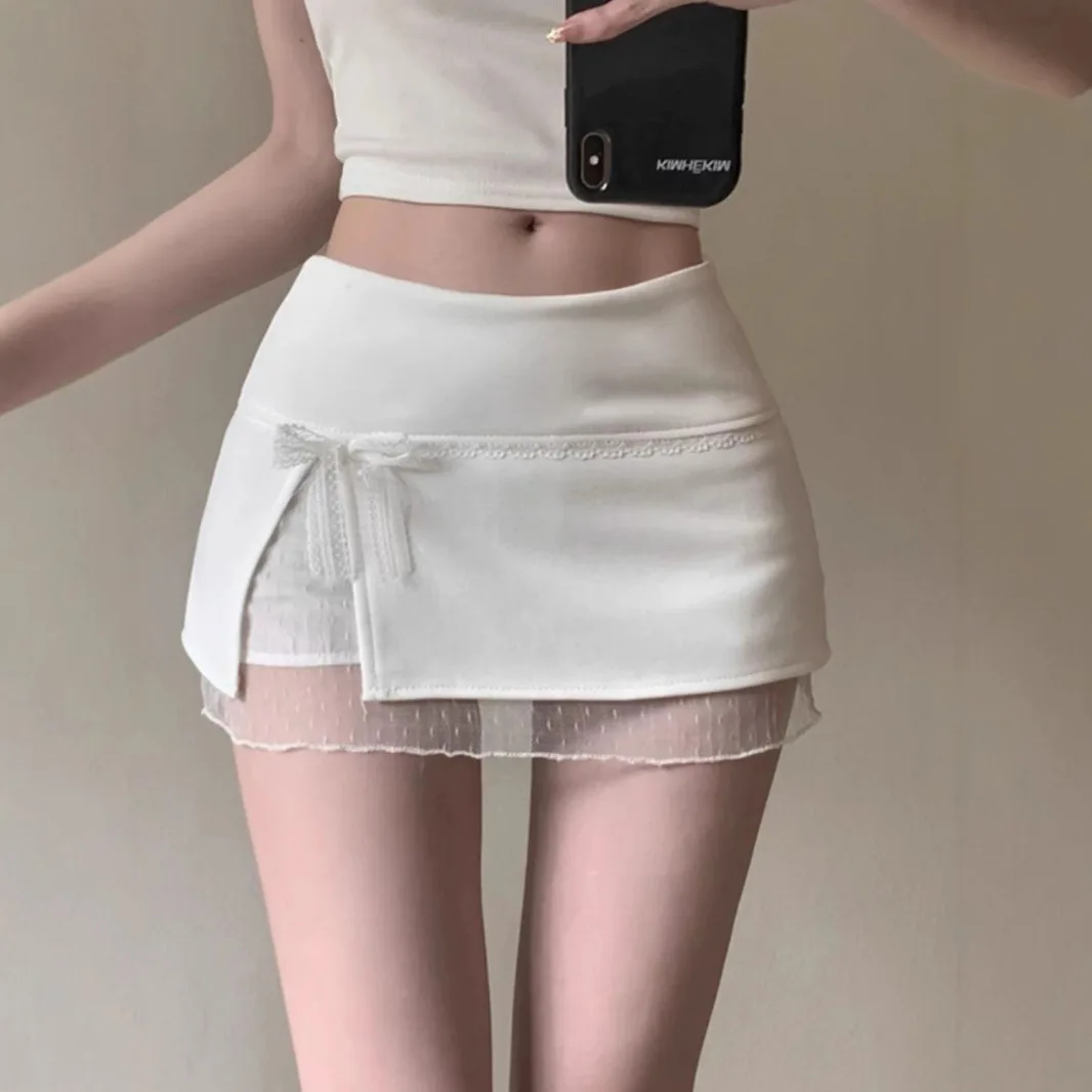 Kumikumi Sweet Lace Patchwork  Skirt High Waist A-Line Summer Skirts for Women  Knot Casual Short Skirts