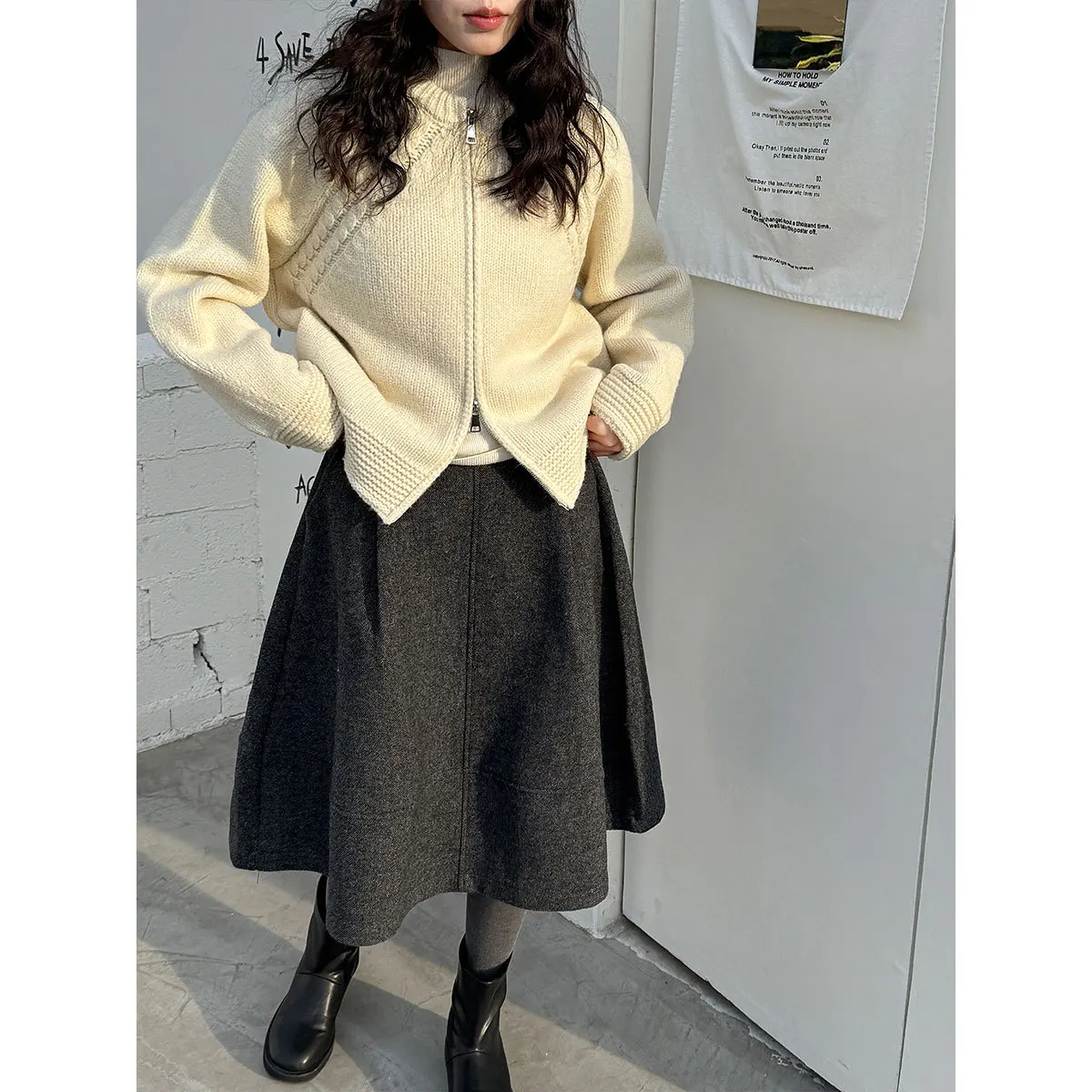 

Korean Style Semi-Elastic Wool High- A-Line Umbrella For Women Autumn Winter New Woolen Material Flower Bud Half