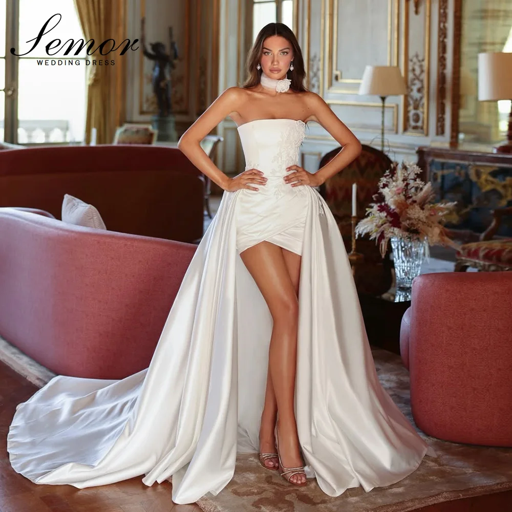 Vestidos de Novia Semor 2026, Elegantes, Estilo Sirena, Sin Tirantes, Sin Mangas, de Satén, con Apliques 3D, Corte Asimétrico, Vestidos de Novia Personalizados