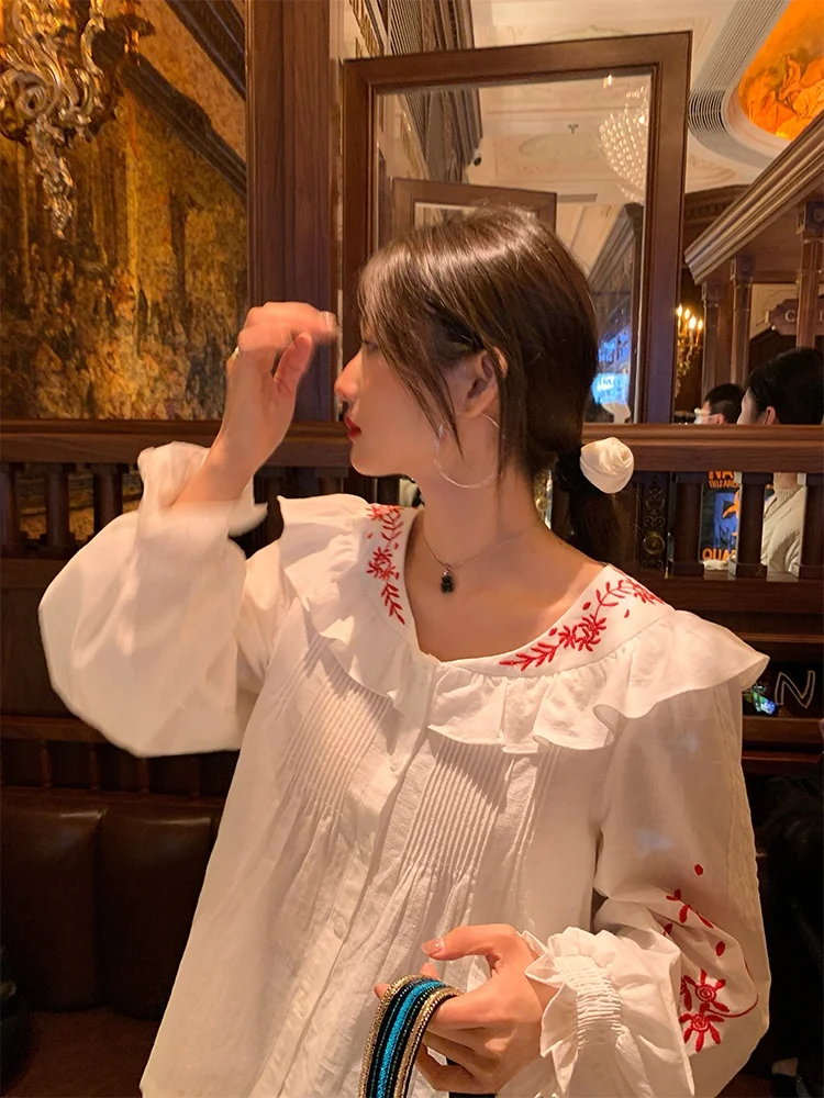 

White Embroidered Loose Long Sleeve Shirt Women's Spring Fashion New Style Small Size Friendly Casual Cotton Blouse