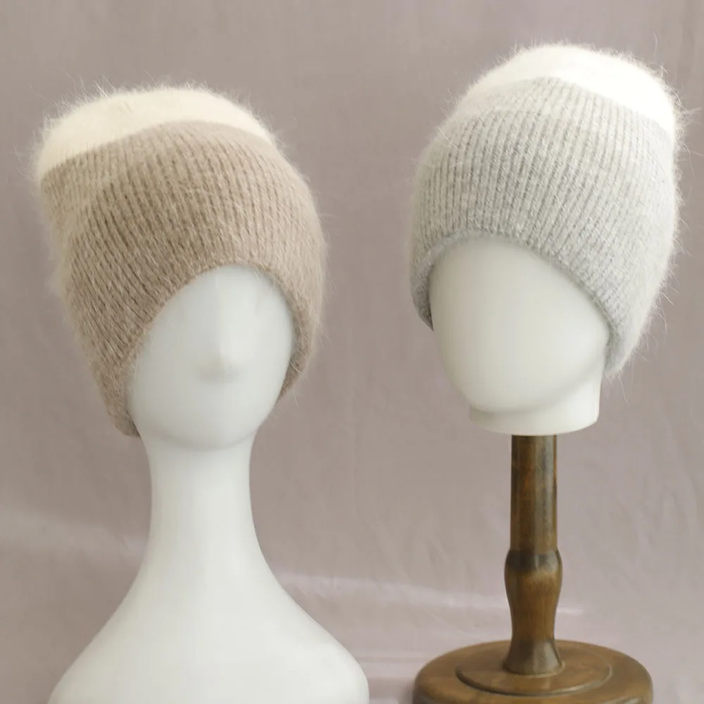 2025 New Women Winter Hat Fashion spliced rabbit fur Beanie Hat Warm Winter Cap For Female Casual Streetwear Knitted Hat
