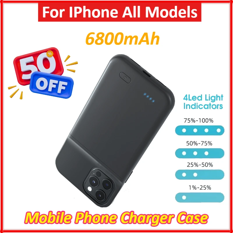 

6800mAh Battery Case PowerBank Charger for IPhone 6 7 8 Mobile Phone Charger Case for IPhone X XS 11 12 13 14 15 Plus Pro Max