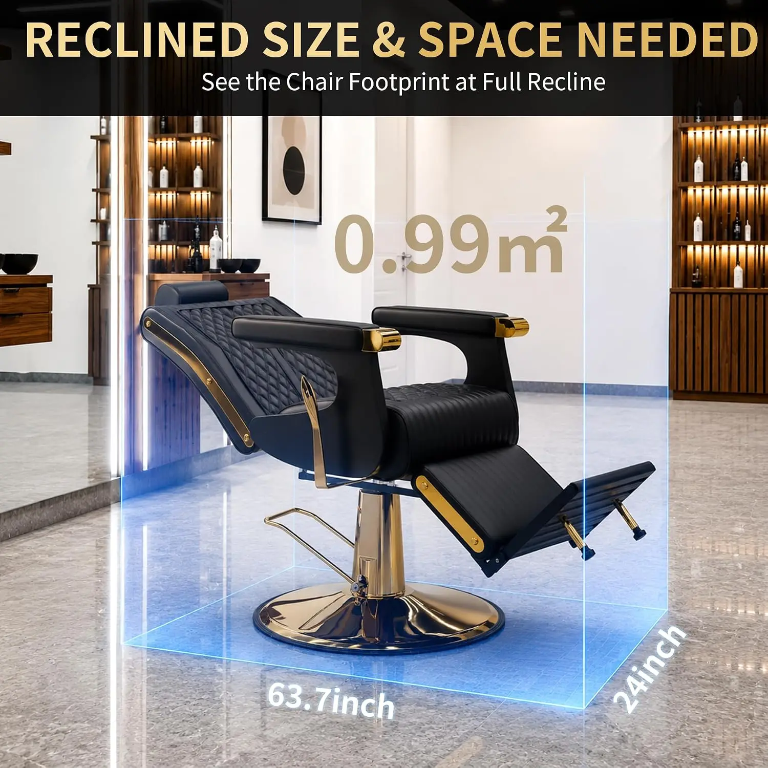Black & Gold Reclining Barber Chair, 440 lb Hydraulic Barber Chair with 22.83