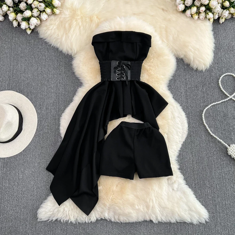 2pcs Sets Women Outfits Fashion Strapless Irregular Skinny A-line Dresses+elastic High Waist Solid Wide-leg Shorts Femme Suits