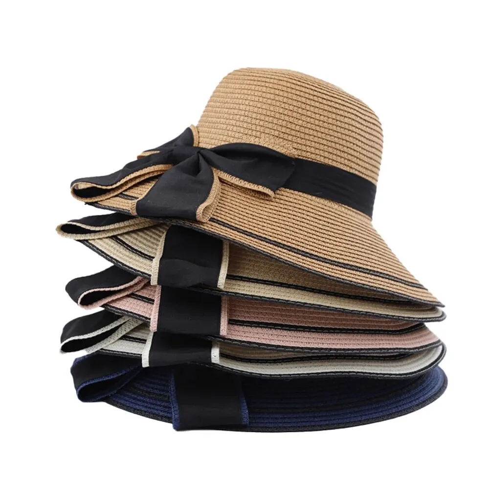 Spring and Summer Woven Straw Hat Women's Versatile Beach Big Edge Bow Sun Shield Hat Noble Style Sun Shield Hat