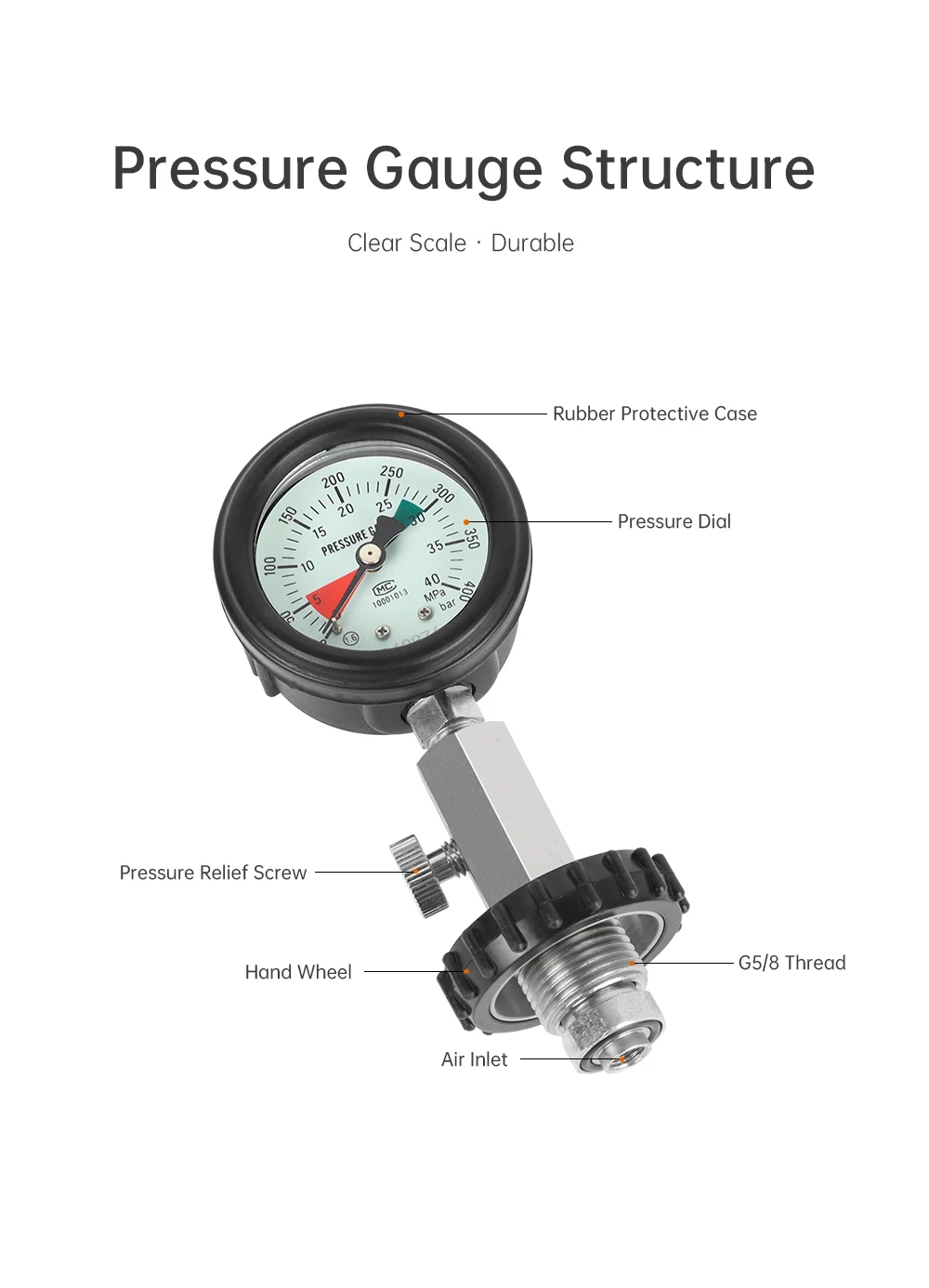 Scuba Choice G5/8 Gewinde für DIN-Tank Druckprüfer 5800 PSI/400 BAR Manometer, Langlebiges Edelstahl-Tauchventil-Zubehör – Detail 3