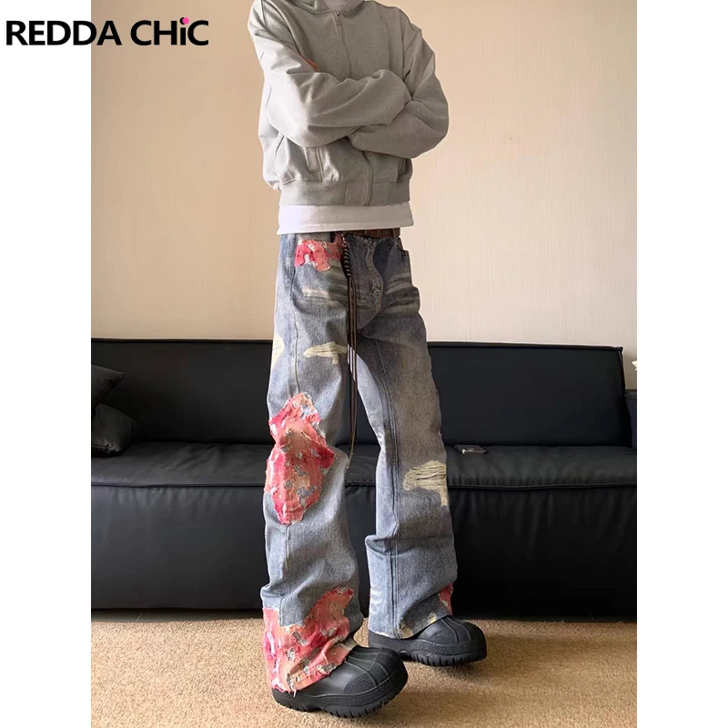 REDDACHIC Men Stitch Lace Patched Baggy Jeans Washed Do Old Ripped Whiskers Casual Straight Denim Wide Pants High Street Clothes