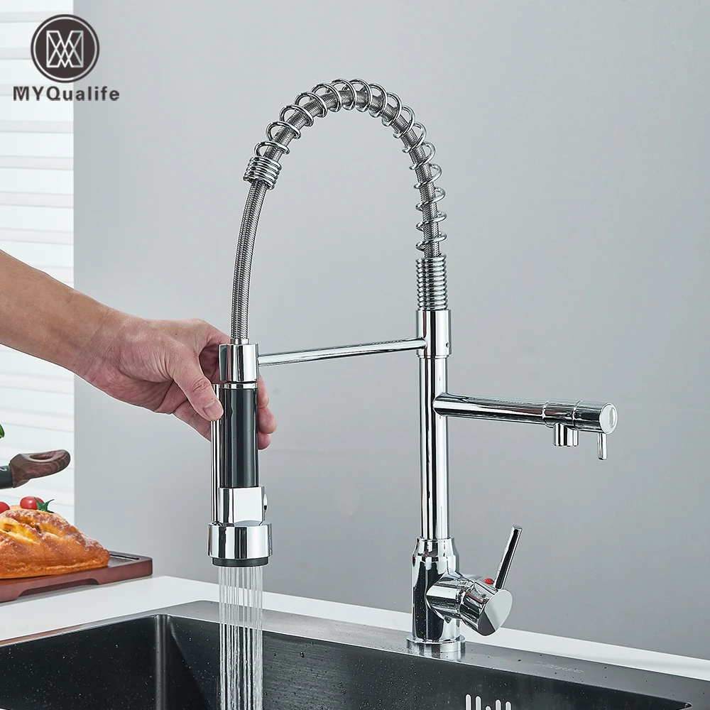 

Chrome Brass Kitchen Sink Faucet Pull Down Hot and Cold Water Mixer 2 Mode Tap with Dual Spout 360 Rotation Flexible Deck Mount