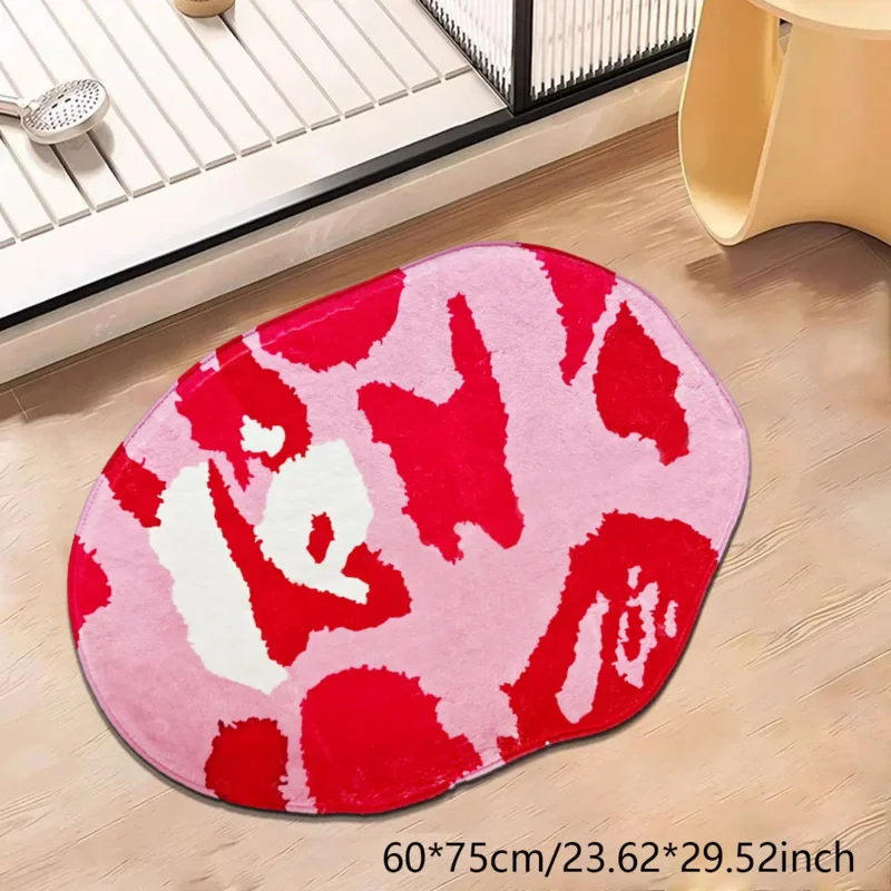 Pink Red Cow‑print Irregular Fluffy Rug Soft Anti‑slip Absorbent Bathroom Doormat Household Entryway Floor Mat