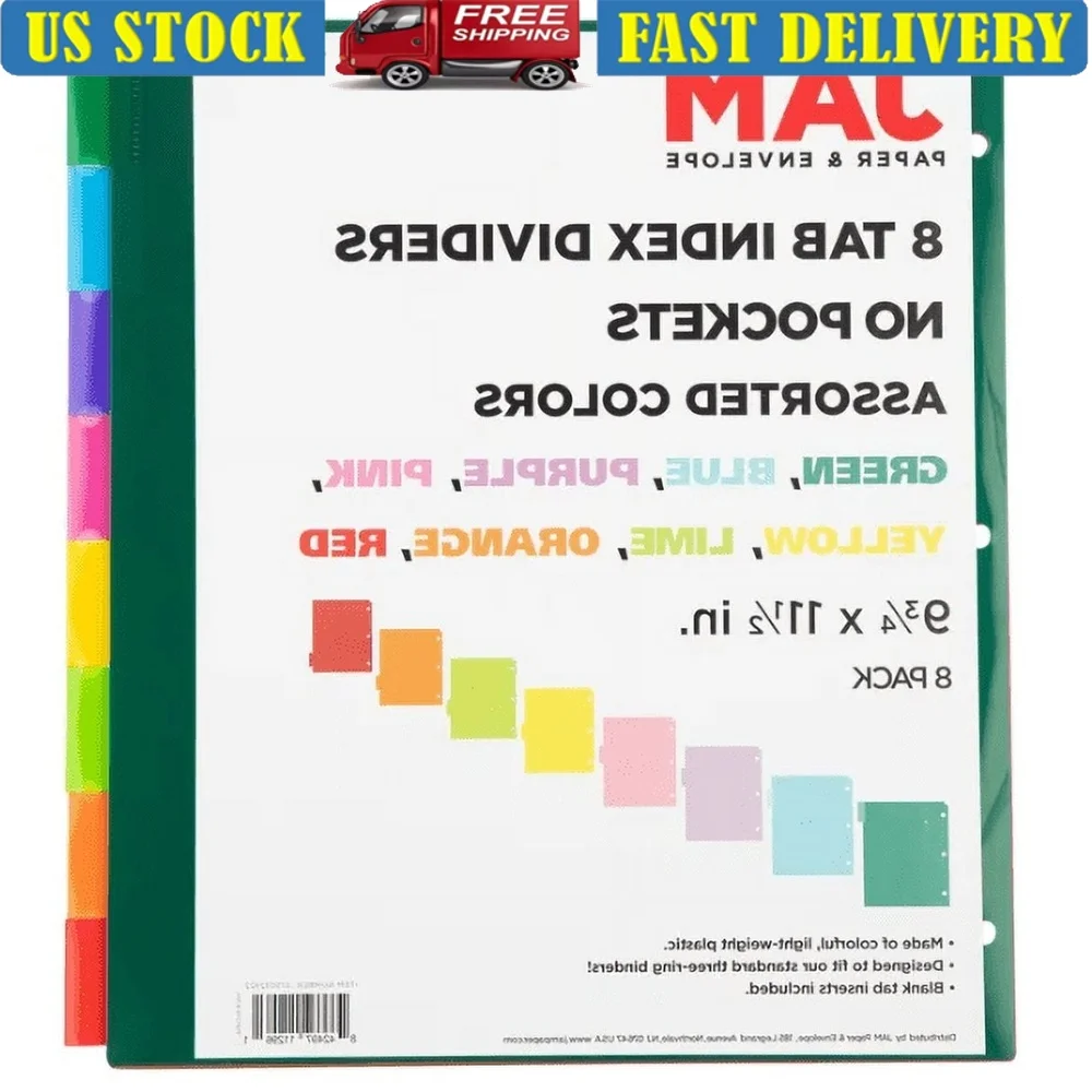 

8 Tab Multicolor Plastic Index Dividers with Blank Inserts Organizing Binders School Office Home 9.75 x 11.5 Inches