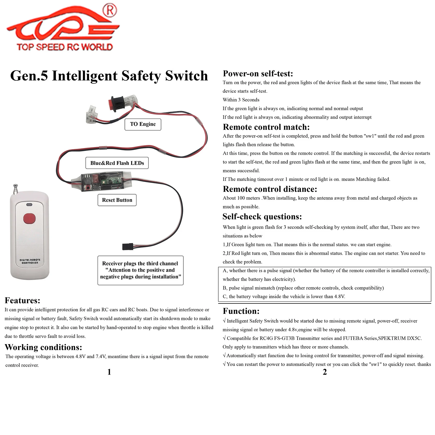 Gas Engine RC Intelligent Safety Switch Remote 3rd Channel for 1/5  Marine Zenoah Bee Kill Baja Losi FG