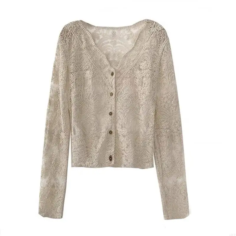 

Women Lace Long Sleeve Blouse V-Neck Button Down Cropped Cardigan Hollow Crochet Floral See Through for Jacket Shi