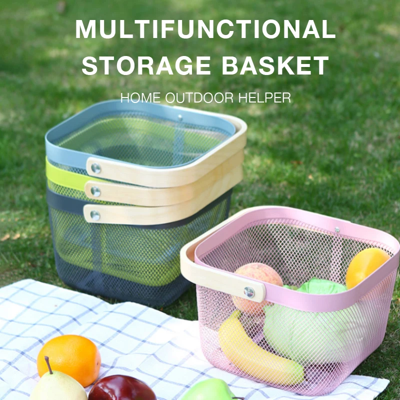 Cesta de drenaje para almacenamiento de cocina, cesta portátil para almacenamiento de frutas, cesta de compras portátil de acero inoxidable para el hogar, cesta de Camping