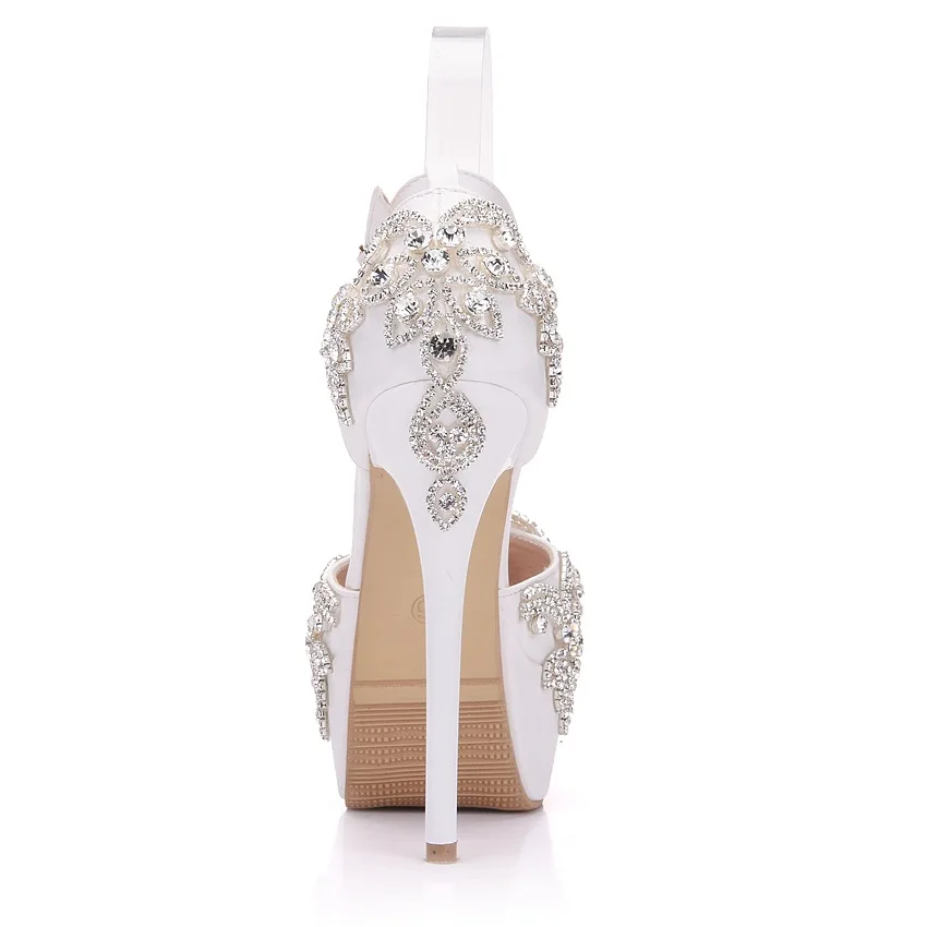 Spring and summer round toe hollow rhinestone waterproof table wedding shoes banquet large size thin high-heeled women's sandals