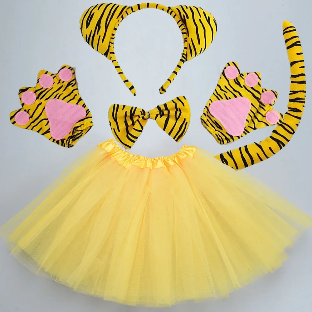 Children Adult Jungle Animal Tiger Costume Headband Bowtie Tail Tutu Set for Halloween Christmas Cosplay Party Birthday Gift