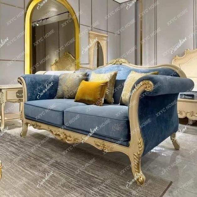 Palace solid wood sofa high-end villa living room engraved fabric three-person sofa combination