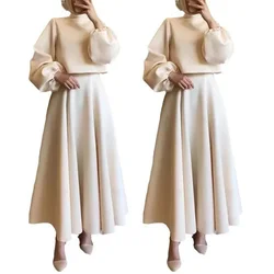 Muslim Skirt Outfits Two Piece Set Women Round Collar Top Long Skirt Solid Suit Ramadan Morocco Dubai Arabic Elegant Ensemble