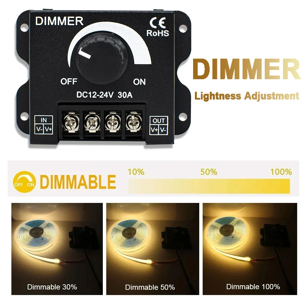 Rotary Dimmer Adjustable Brightness LED Lamp Bulb Strip Driver Single Color Light Power Supply Controller 30A DC 12V 24V 360W