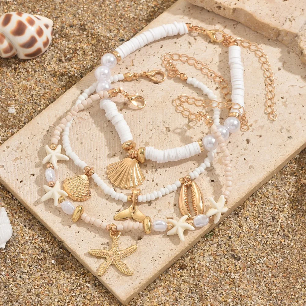 3pcs Set Luxury Exquisite White Seed Beaded Starfish Mermaid Tail Imitation Pearl Ankles for Women Beach Stackable Jewelry Sets