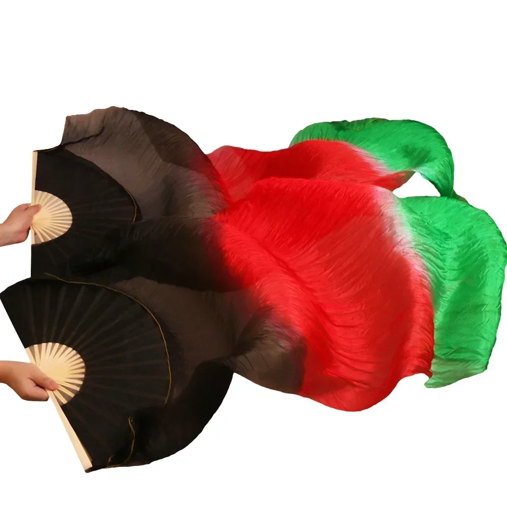 High Selling 100% Real Silk Veils Dancing Fans 1 Pair Handmade High Quality Silk Belly Dance Fans Black+Red+Green Colors