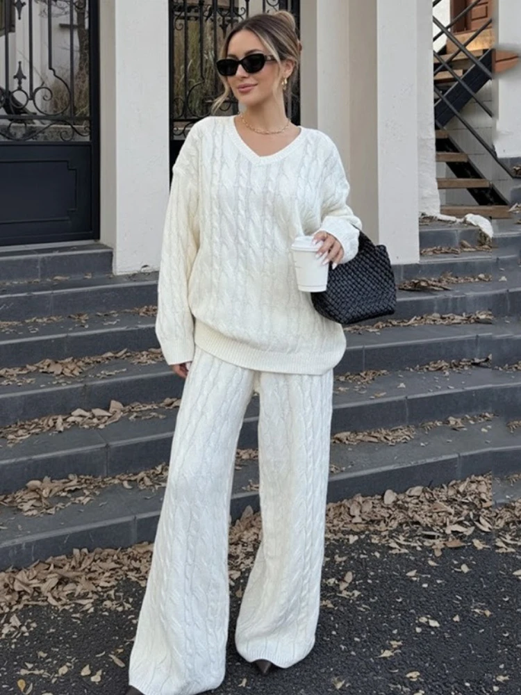 

Tossy Casual Ribbed 2 Piece-Set Trousers Sets Women Solid Loose V-Neck Top And High Waist Wide-Leg Pants Sets New Female Outfits